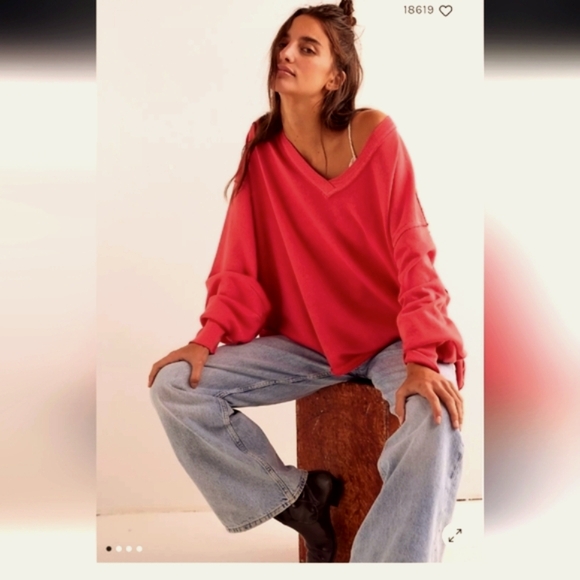NWT Free People Venice V-Neck Sweatshirt Red Coral - Picture 1 of 9